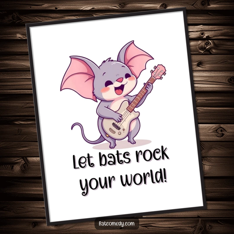Funny Free Printable Wall Art: A kawaii bat playing a tiny guitar with immense enthusiasm and musical flair.