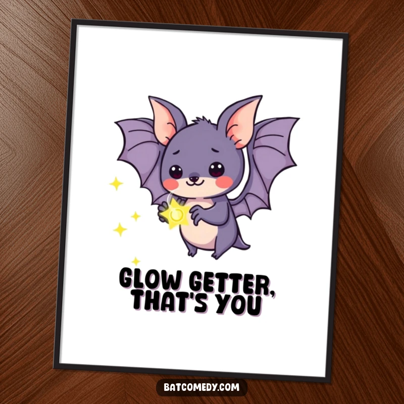 Funny Free Printable Wall Art: Adorable kawaii bat holding a glowing firefly, its face filled with pure wonder and enchantment.