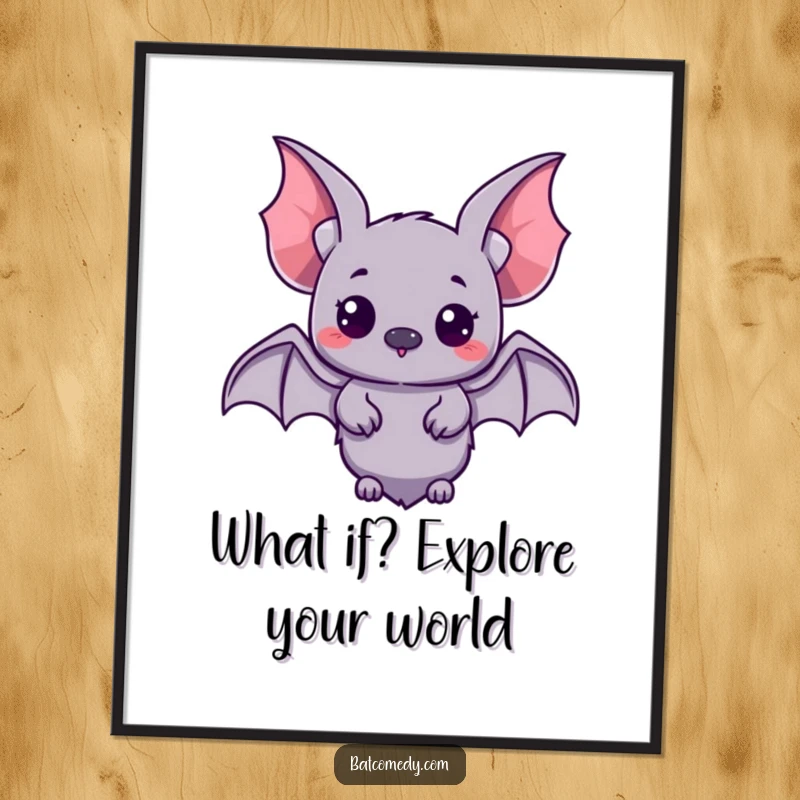 Free Printable Wall Art: A kawaii bat with little wings spread looks around with big, curious eyes, adding an element of playful wonder.