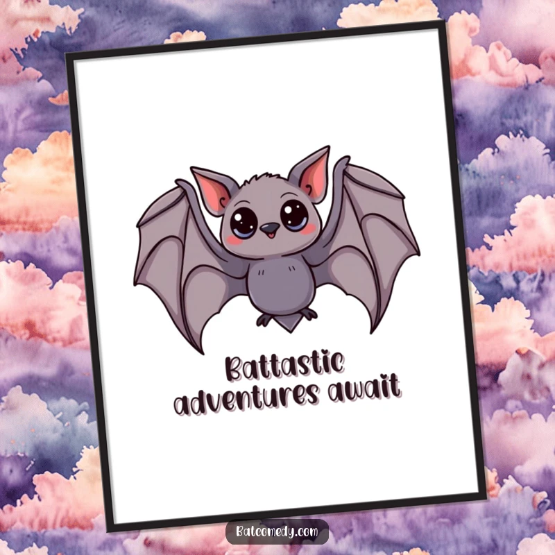 Funny Free Printable Wall Art: A curious bat with wide eyes gracefully swoops through the night sky, its wings spread in wonder.