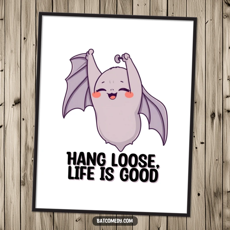Funny Free Printable Wall Art: A bat hangs upside down, eyes closed in delight, its whole body shaking with joyful giggles.