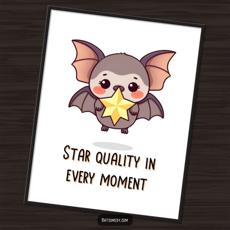 Funny Free Printable Wall Art: A bat with perfect balance has a sparkly star resting on its nose.