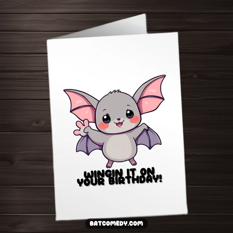 Funny Free Printable Birthday Card: A cute bat happily waves its wing, spreading birthday cheer.