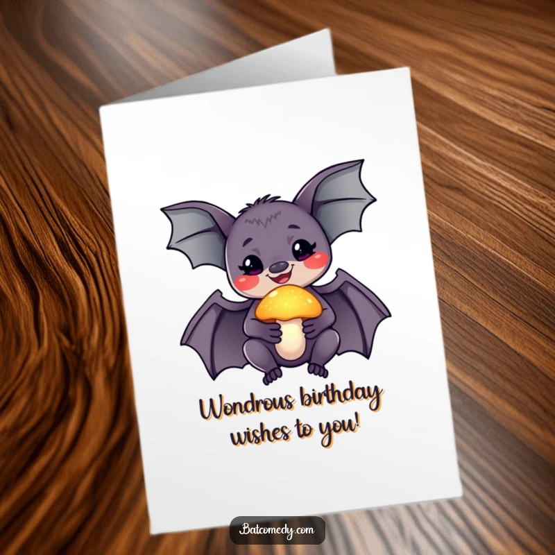 Funny Free Printable Birthday Card: a smiling bat holds a glowing mushroom, eyes wide with wonder and joy.
