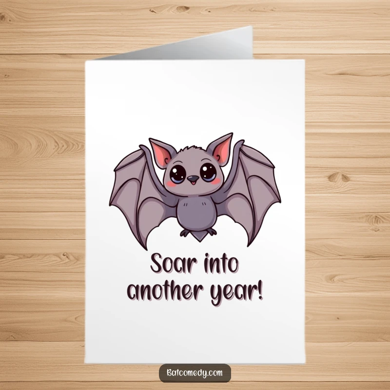 Funny Free Printable Birthday Card: A curious bat with wide eyes swoops joyfully, wings spread, ready to deliver birthday cheer.
