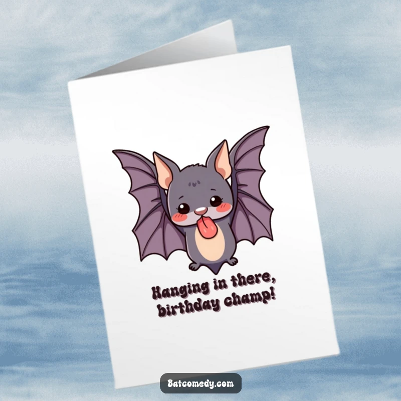 Funny Free Printable Birthday Card featuring a cute bat flying upside down, tongue sticking out, ready to party.