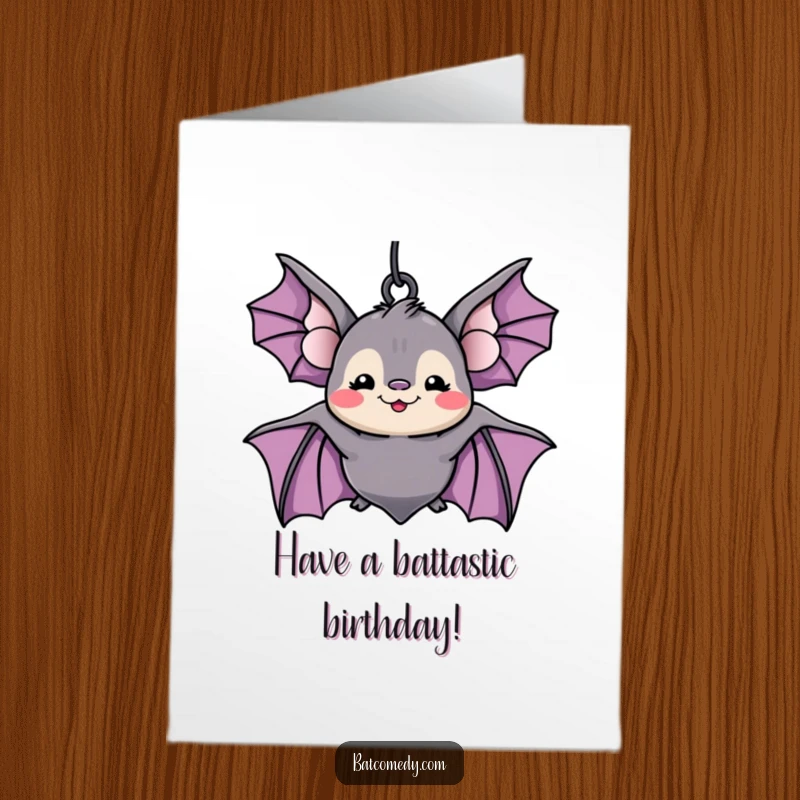 Funny Free Printable Birthday Card: A kawaii bat beams with a silly grin while hanging upside down, wishing a hilariously happy birthday.