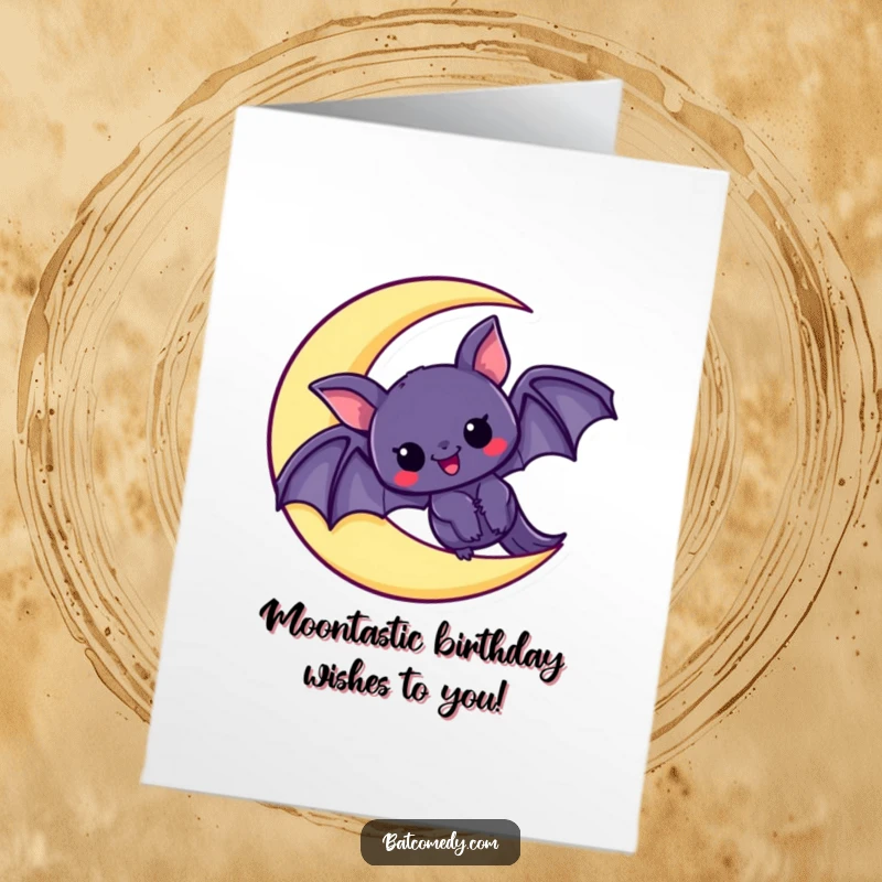 Funny Free Printable Birthday Card: Kawaii bat peeking excitedly from a crescent moon, ready for a birthday bash.