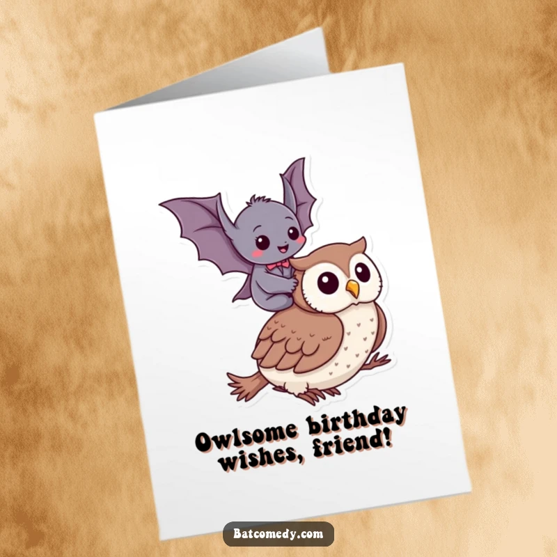Funny Free Printable Birthday Card: Bat joyfully rides owl, a hilarious downloadable gift for a unique celebration.