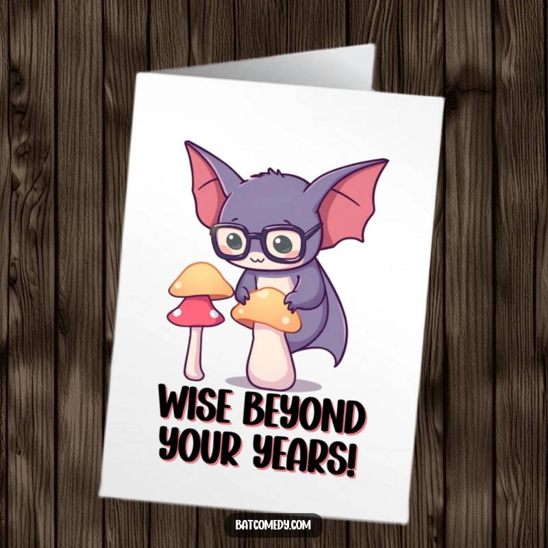Funny Free Printable Birthday Card: A bat with tiny spectacles peers intently at a magical glowing mushroom, wishing you a happy birthday.