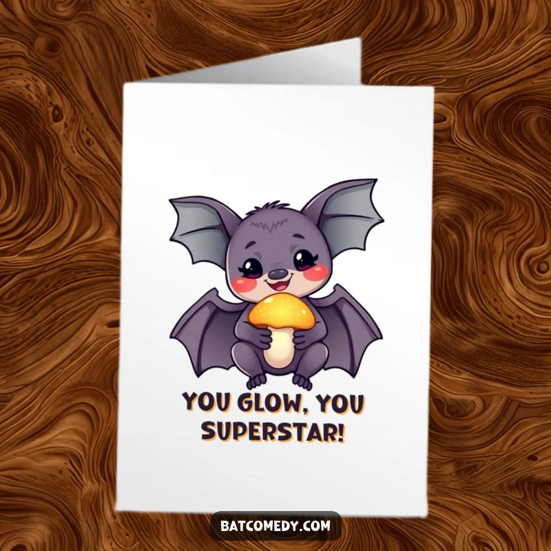 Free Printable Congratulations Card: a smiling bat gazes in wonder at a brightly glowing mushroom it holds.