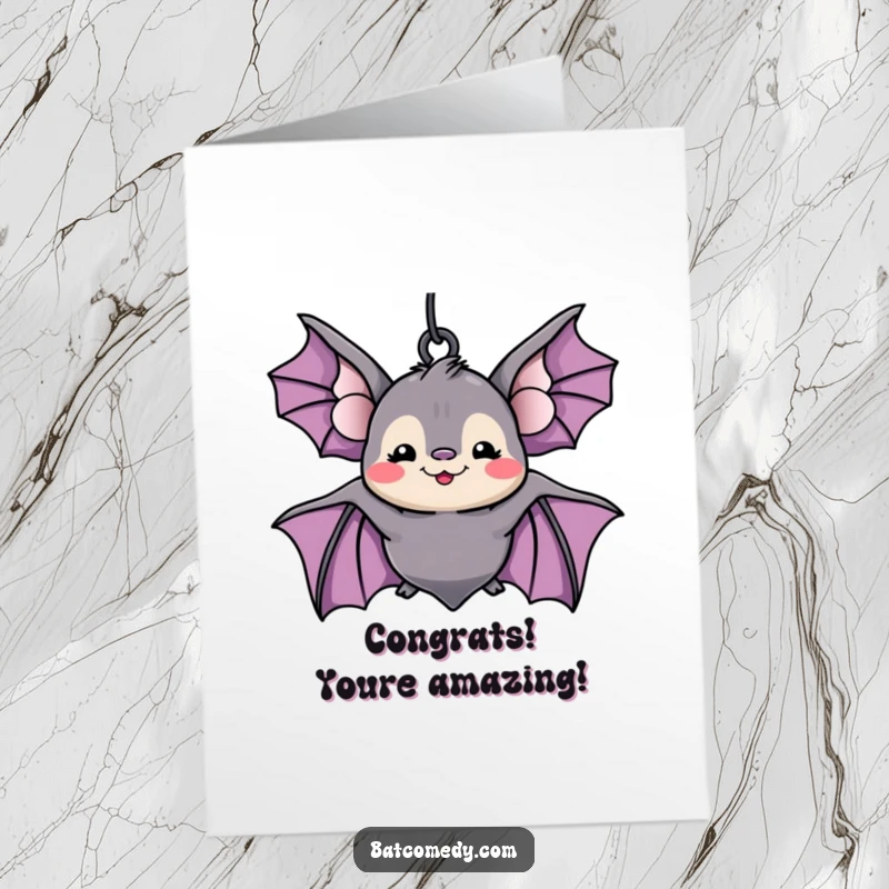 Funny Free Printable Congratulations Card: A kawaii bat with a mischievous grin hangs upside down, cheering enthusiastically for their success.