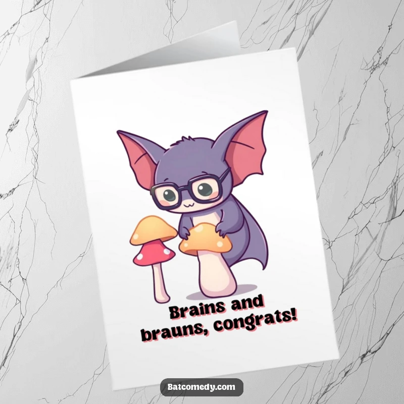 Funny Free Printable Congratulations Card: A bat in spectacles examines a glowing mushroom, celebrating your success with keen insight.