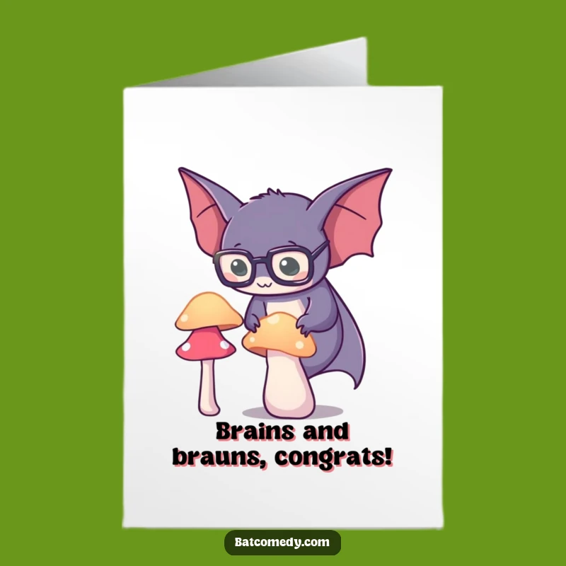 Free Printable Congrats Card: Spectacled Bat Celebrates Success with Glowing Mushroom