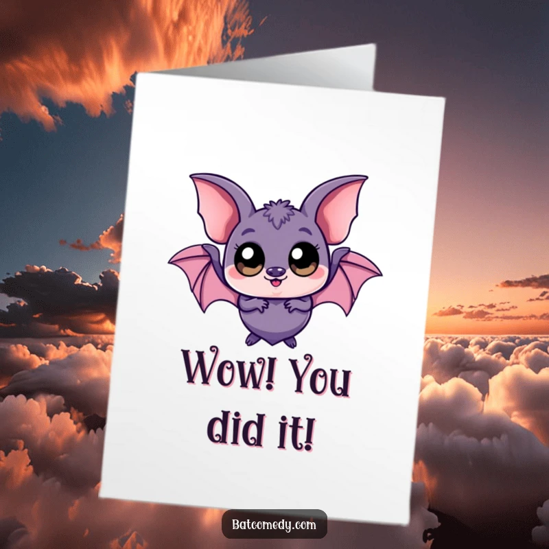 Funny Free Printable Congratulations Card: A kawaii bat with enormous, playful eyes winks cheekily, celebrating your achievement.
