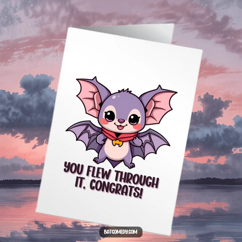 Funny Free Printable Congrats Card: A kawaii bat wearing a flowing cape, ready for adventure and celebrating achievements.