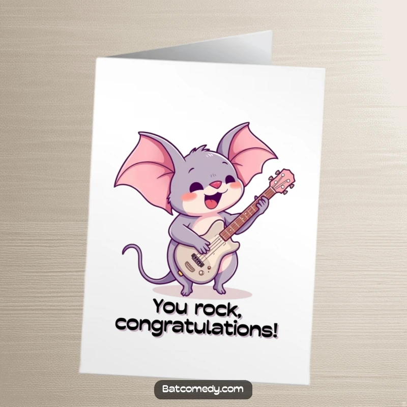 Funny Free Printable Congrats Card: A kawaii bat passionately playing a tiny guitar, celebrating a big win.