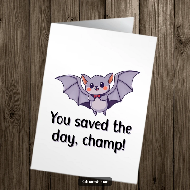 Free Printable Congratulations Card: a bat wearing a small cape, flying fast through the night sky, celebrating success.