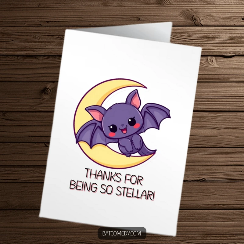 Funny Free Printable Thank You Card: Kawaii bat peeking excitedly from a moon, expressing warm gratitude.