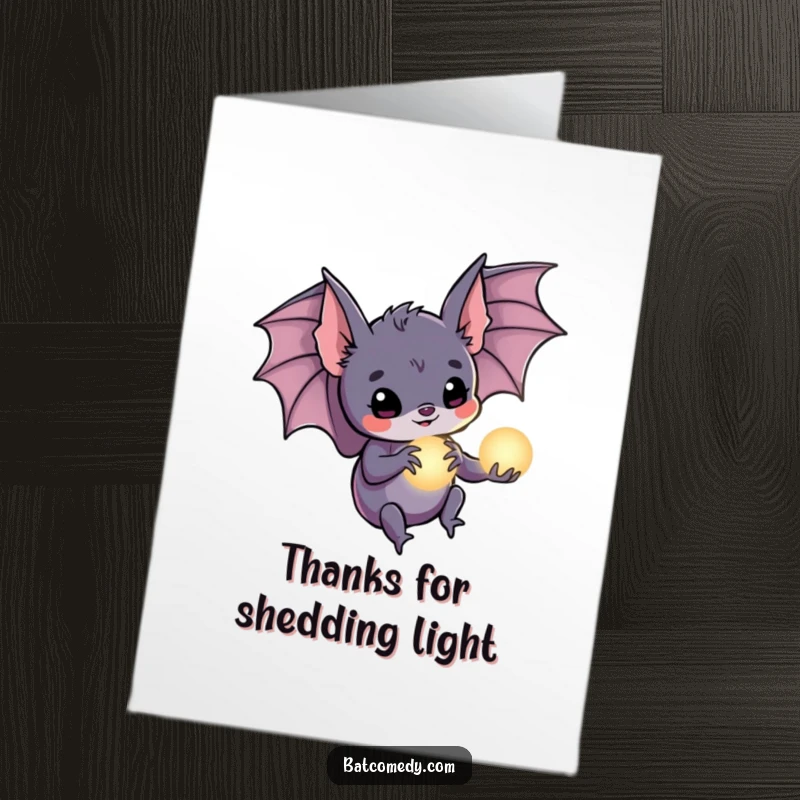 Funny Free Printable Thank You Card: A bat holds a tiny glowing orb, its claws cradling the light as a token of thanks.