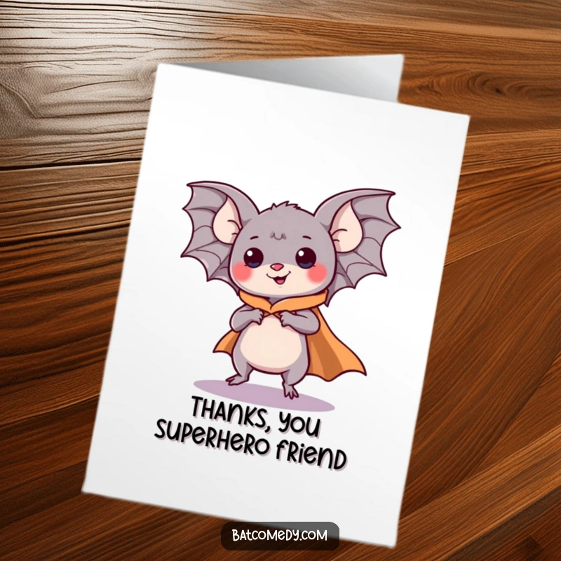 Funny Free Printable Thank You Card: A kawaii bat with a cape dramatically pretends to fly, delivering heartfelt thanks in a spectacular fashion.
