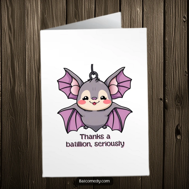 Funny Free Printable Thank You Card: A kawaii bat with a wide, silly grin hangs upside down, expressing thanks in a most amusing way.