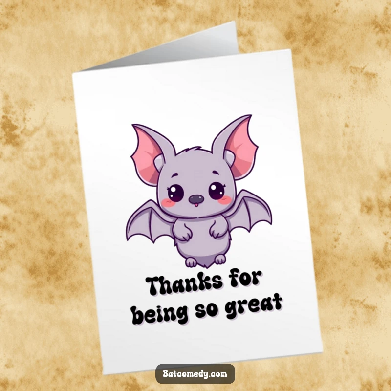 Free Printable Thank You Card: A kawaii bat with curious eyes and spread wings looks around, ready to discover and appreciate your thanks.
