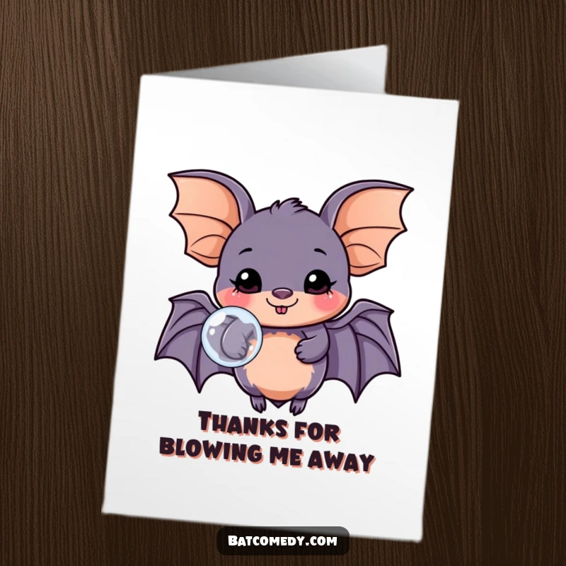 Funny Free Printable Thank You Card: A cheerful kawaii bat blows a large bubble with a happy expression, conveying thanks.