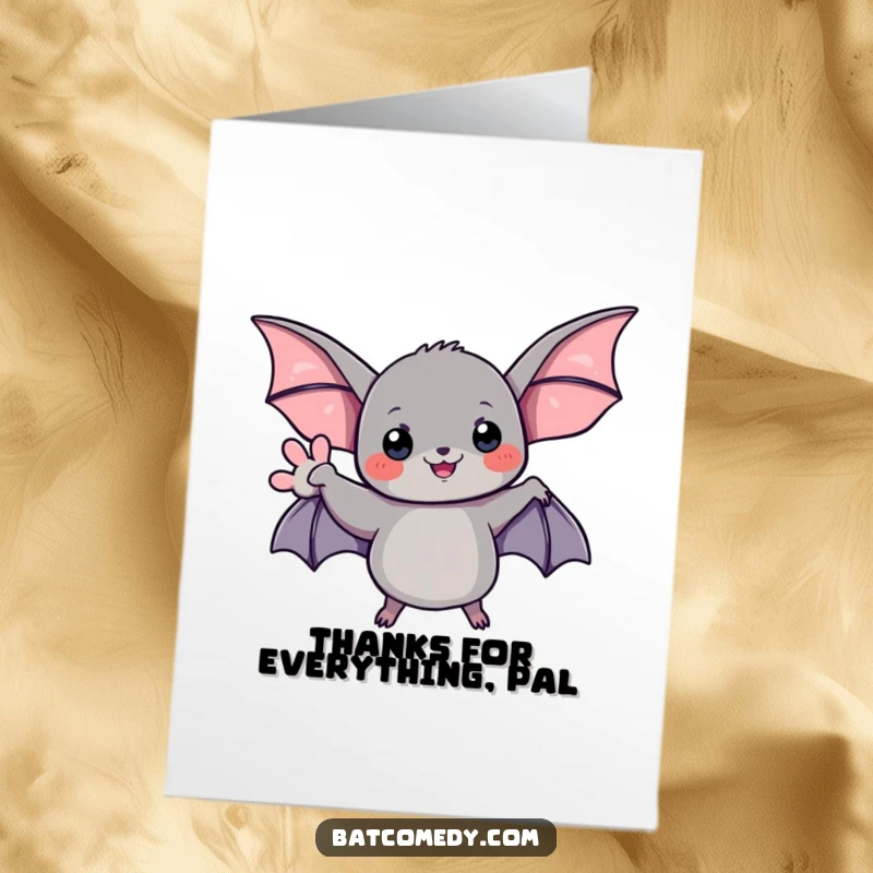 Funny Free Printable Thank You Card: A friendly bat waves its wing, offering a warm thank you.