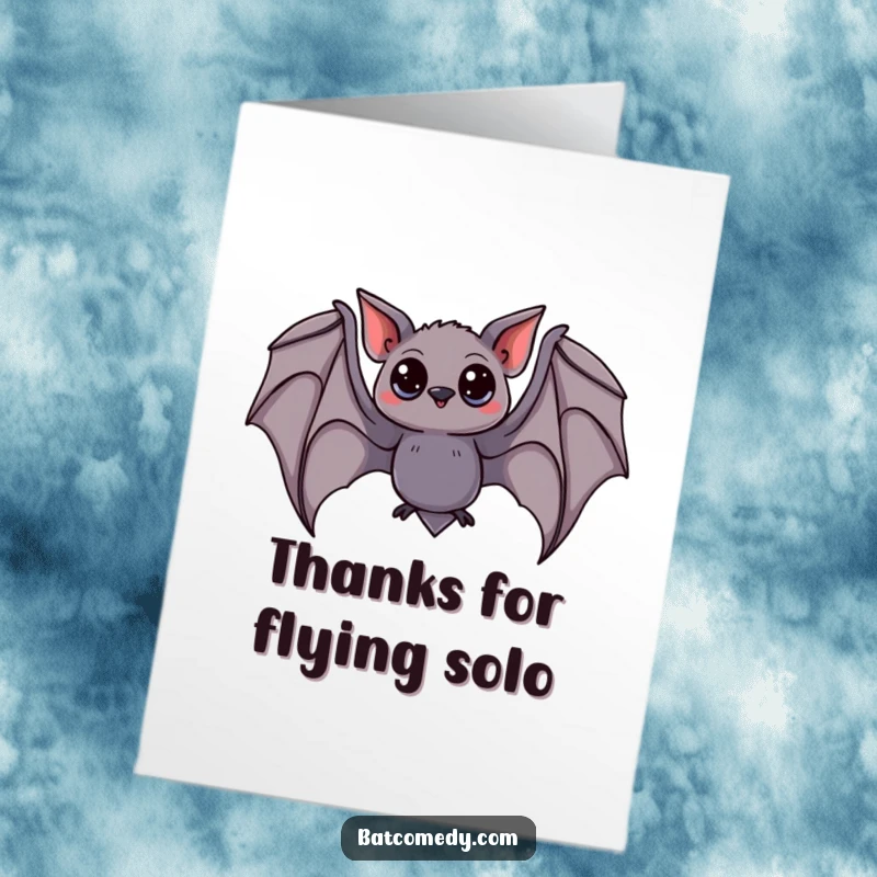 Funny Free Printable Thank You Card: A curious bat with wide eyes elegantly swoops, wings wide, its expression conveying sincere thanks.