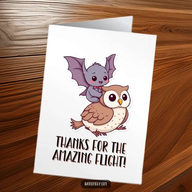Funny Free Printable Thank You Card: Bat rides owl, a comical downloadable gift to express heartfelt thanks.