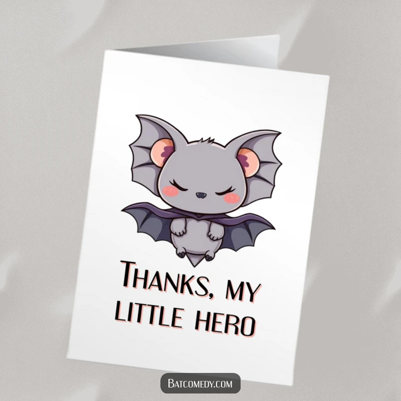 Funny Free Printable Thank You Card: A bat with a mischievous smirk and tiny cape, offering thanks.