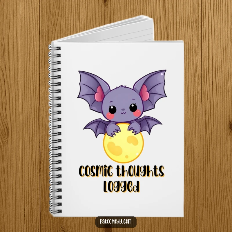 Funny kawaii bat holding a glowing moon charm on a notebook cover, perfect for humorous and mystical note-taking.