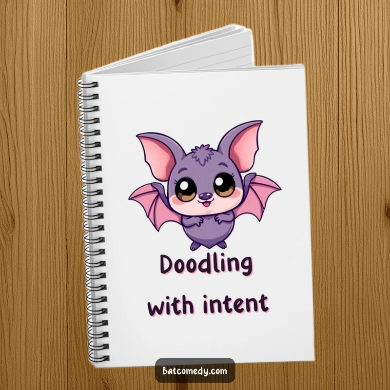 Funny kawaii bat notebook with a playful bat character featuring large, expressive eyes, ideal for journaling and note-taking.