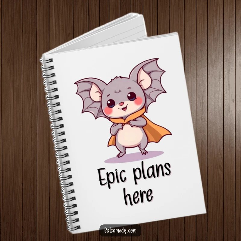 Funny kawaii bat wearing a cape and comically pretending to fly on a notebook cover, perfect for humorous note-taking.