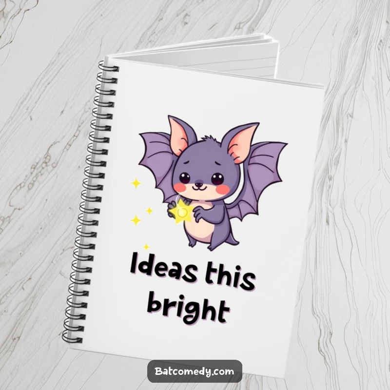 Funny kawaii bat notebook showing a bat holding a firefly, ideal for journaling, sketching, and creative writing.