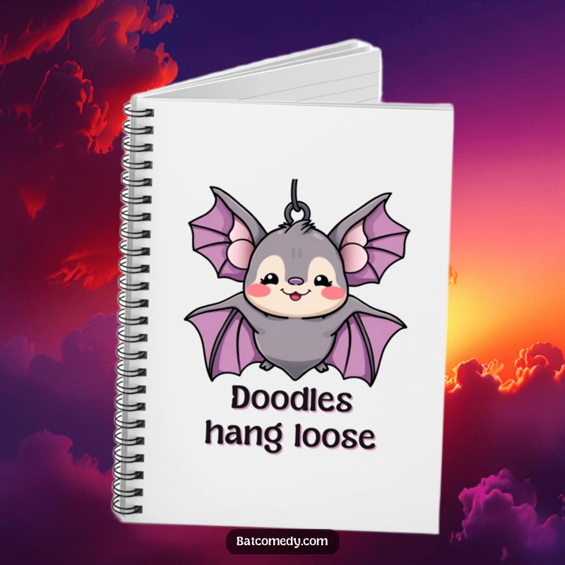Funny kawaii bat with a silly grin hanging upside down on a notebook cover, perfect for humorous note-taking.