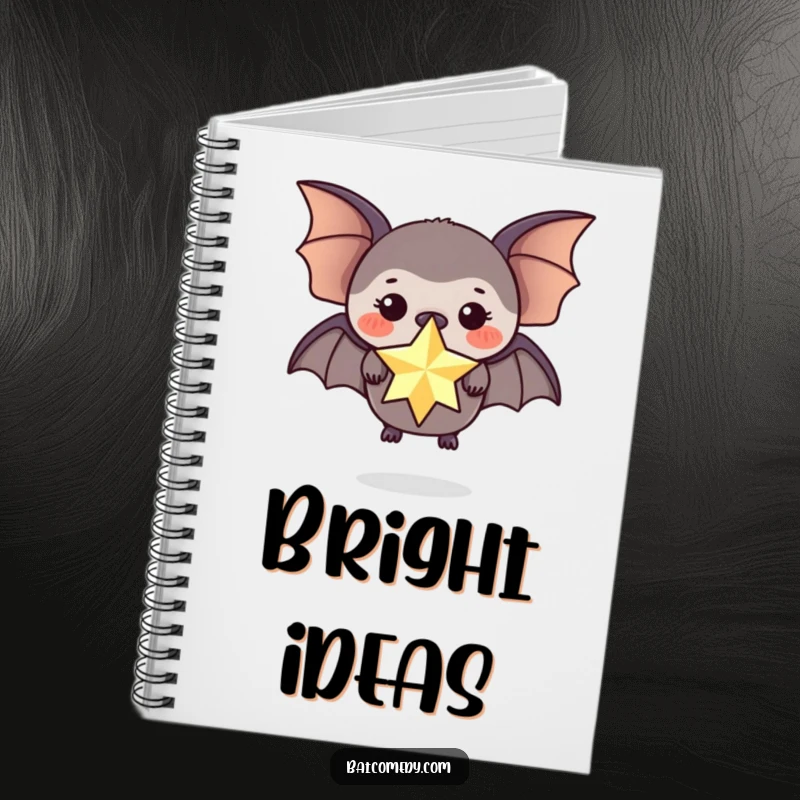 Funny notebook cover featuring a black bat balancing a sparkling star on its nose.