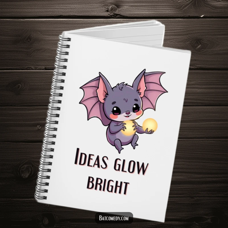 Funny bat notebook with a bat holding a tiny glowing orb in its claws, perfect for jotting down magical ideas.