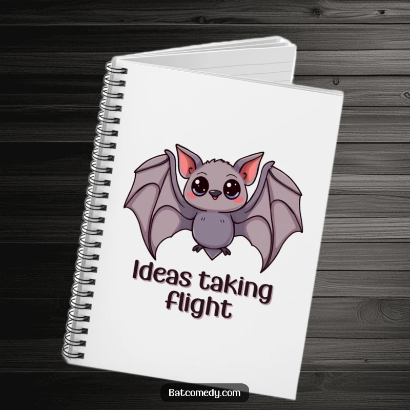Funny bat notebook with a curious bat drawing, wings spread wide in a swooping motion, inspiring creativity and note-taking.