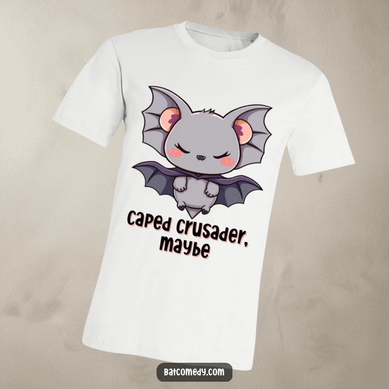 Funny t-shirt graphic of a black bat with a red cape and a mischievous smirk, ready to take flight.