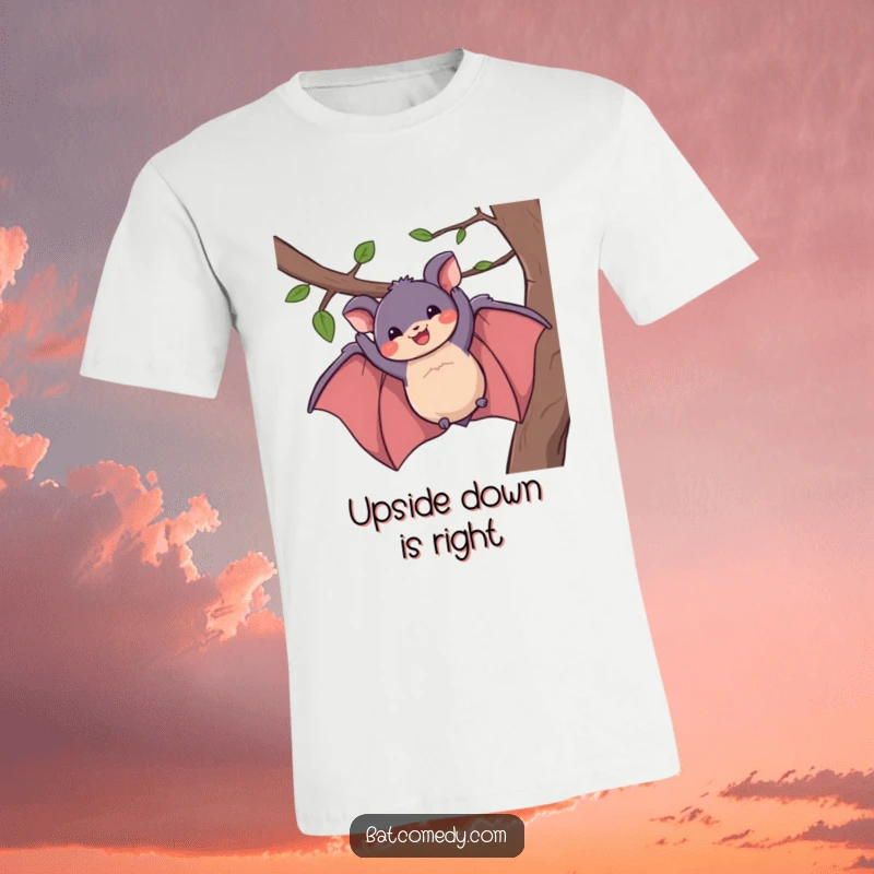 Funny t-shirt featuring a jubilant bat hanging from a tree branch, sporting a big, happy grin, a humorous present.