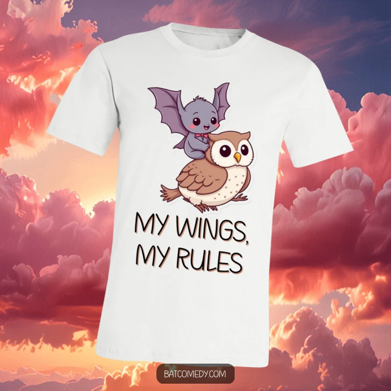 Funny t-shirt illustration of a bat giggling with delight while riding on a peaceful owl's back, a humorous present.
