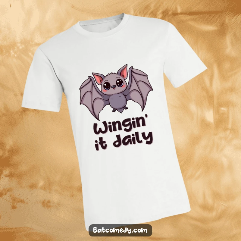Funny bat t-shirt showcasing a curious bat with wide eyes, captured in a graceful swooping motion with its wings fully spread.