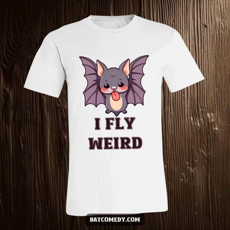 Funny t-shirt showcasing a cute bat flying upside down with its tongue playfully sticking out, radiating pure joy and humor.