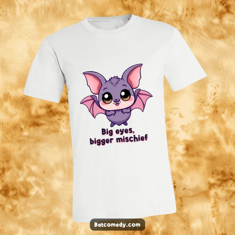 Funny kawaii bat t-shirt with a cute bat character making a playful face with its exceptionally large, expressive eyes.