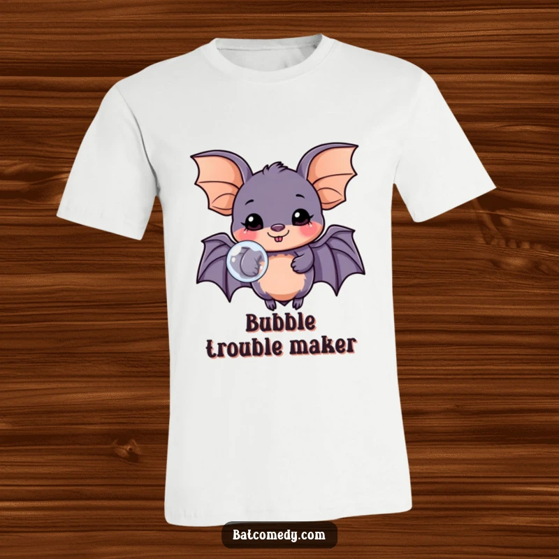 Funny kawaii bat t-shirt showing a cheerful bat blowing a big bubble, expressing happiness and lightheartedness.