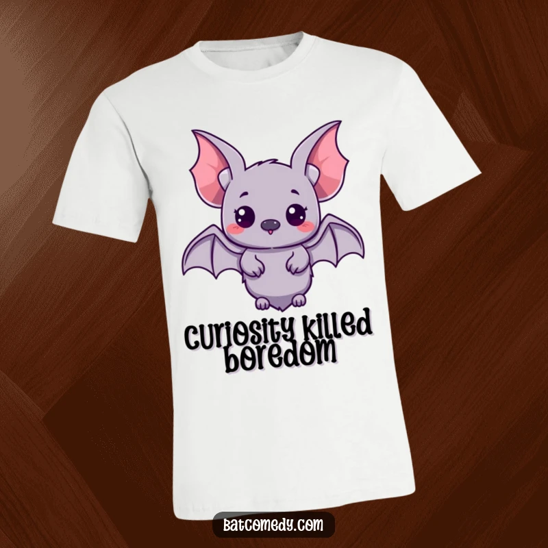 Funny kawaii bat with small wings spread, looking curiously towards something intriguing on a humorous t-shirt.