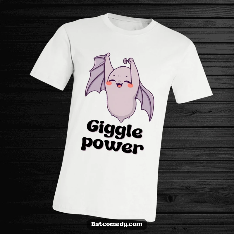 Funny bat t-shirt depicting a bat hanging upside down, eyes closed in a state of happy, unrestrained giggling.