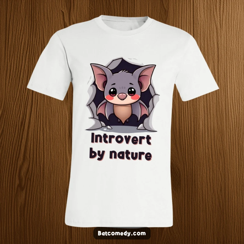 Funny t-shirt illustration of a shy bat peeking from its cave with a hesitant and sweet smile, a heartwarming present.